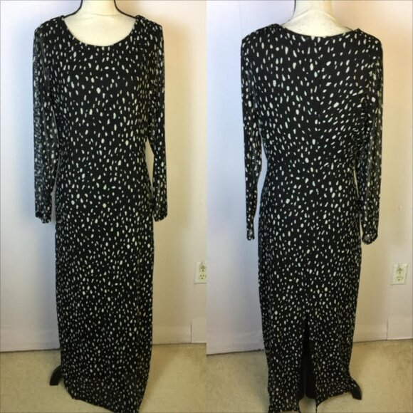 Rachel Zoe Maxi Modest Dress Sz L Woman Black White Polka Dot Ruched Long Sleeve - Picture 1 of 16